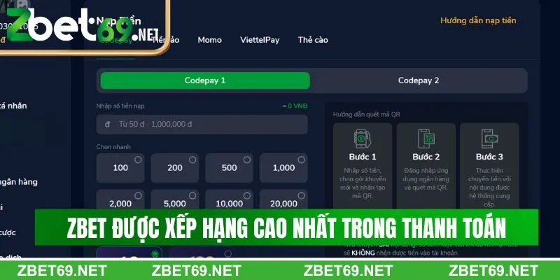 Điểm mạnh Zbet được xếp hạng cao nhất trong thanh toán